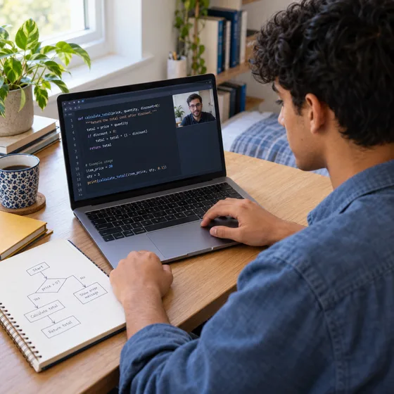 A student writing Python with a tutor on a video call, a flowchart of the program beside the laptop