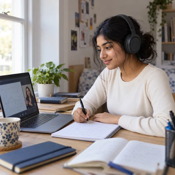 A student in a live online lesson, taking notes while her tutor explains a graph on screen