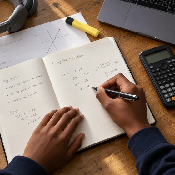 A student solving a linear equation step by step in a notebook, with a calculator and a highlighter